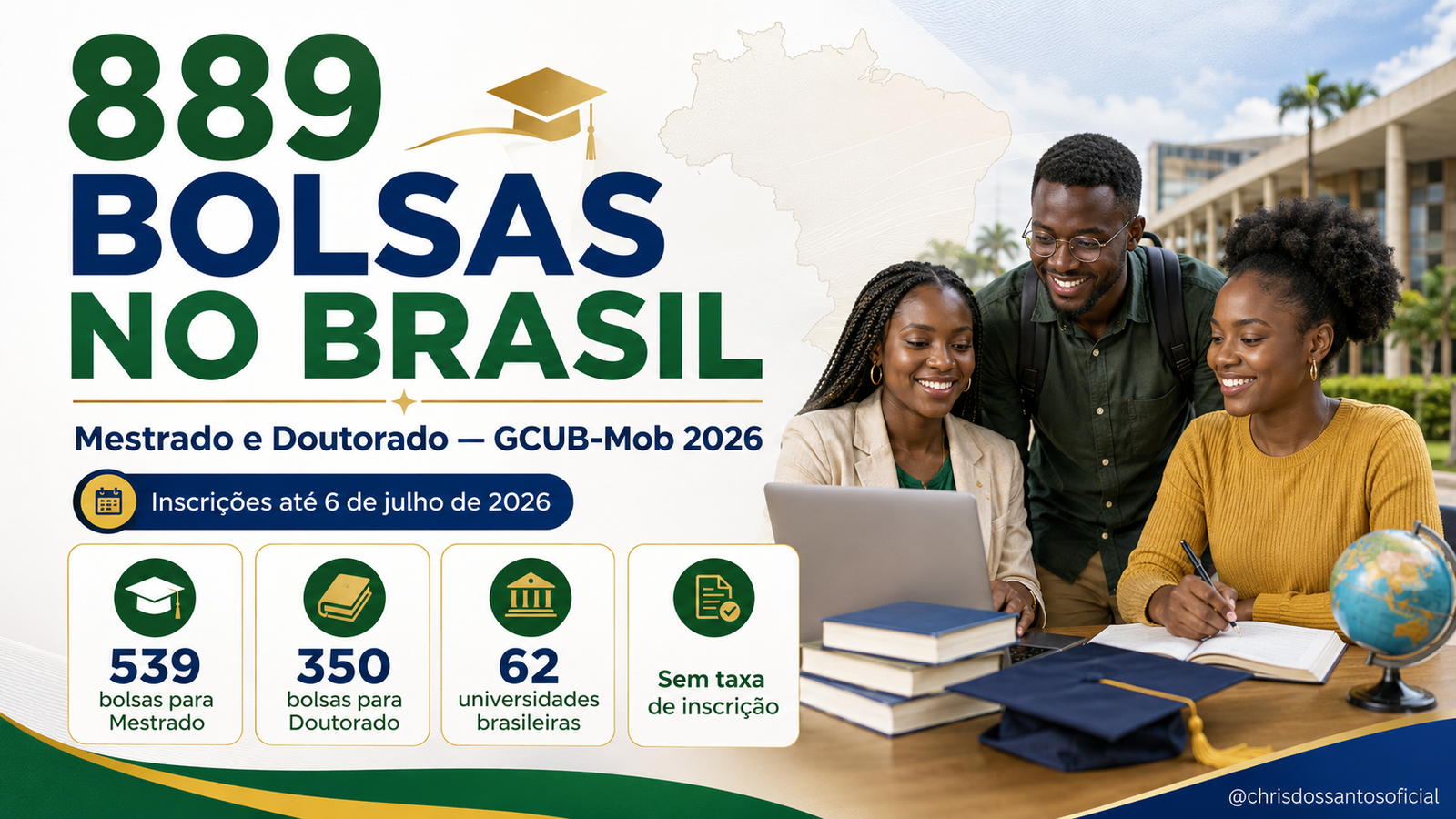 889 BOLSAS DE MESTRADO E DOUTORADO NO BRASIL PELO GCUB-MOB 2026